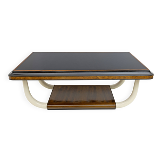 Table Art déco italienne en noyer et plateau en verre avec pieds en défense d'éléphant, années 30