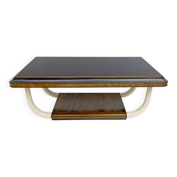 Table Art déco italienne en noyer et plateau en verre avec pieds en défense d'éléphant, années 30