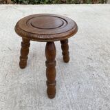 Vintage tripod low stool with carved solid wood legs