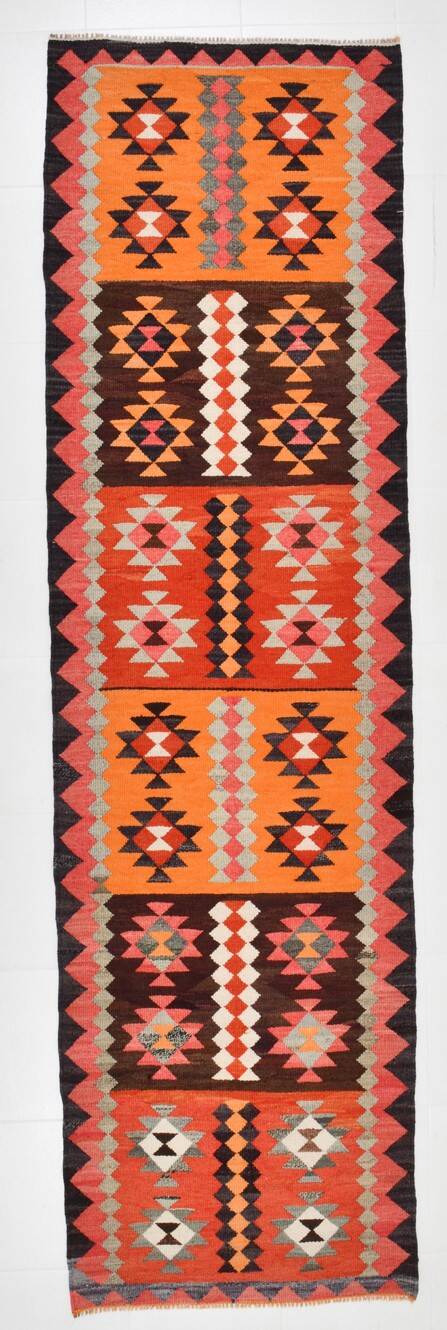 3x11 Orange Tribal Kilim Runner Rug 93x330Cm