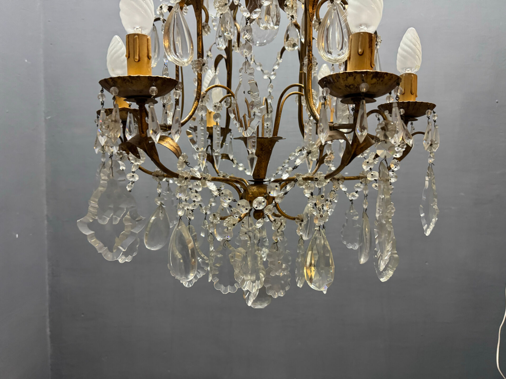 Large Gilded Florentine Tole and Crystal Chandelier, 1950s
