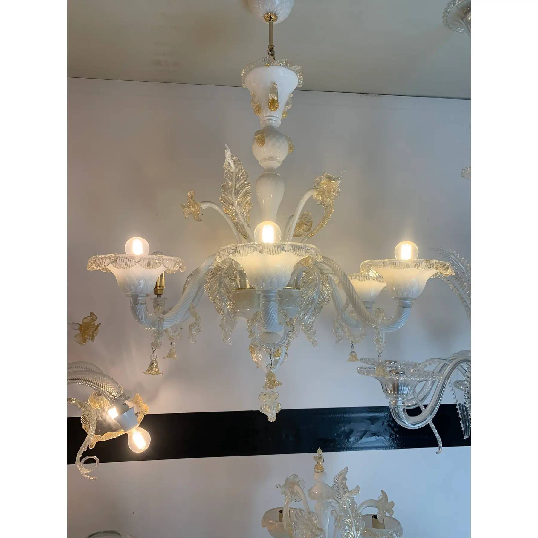 Murano Glass Chandelier in Milky and Gold with Flowers and Leaves