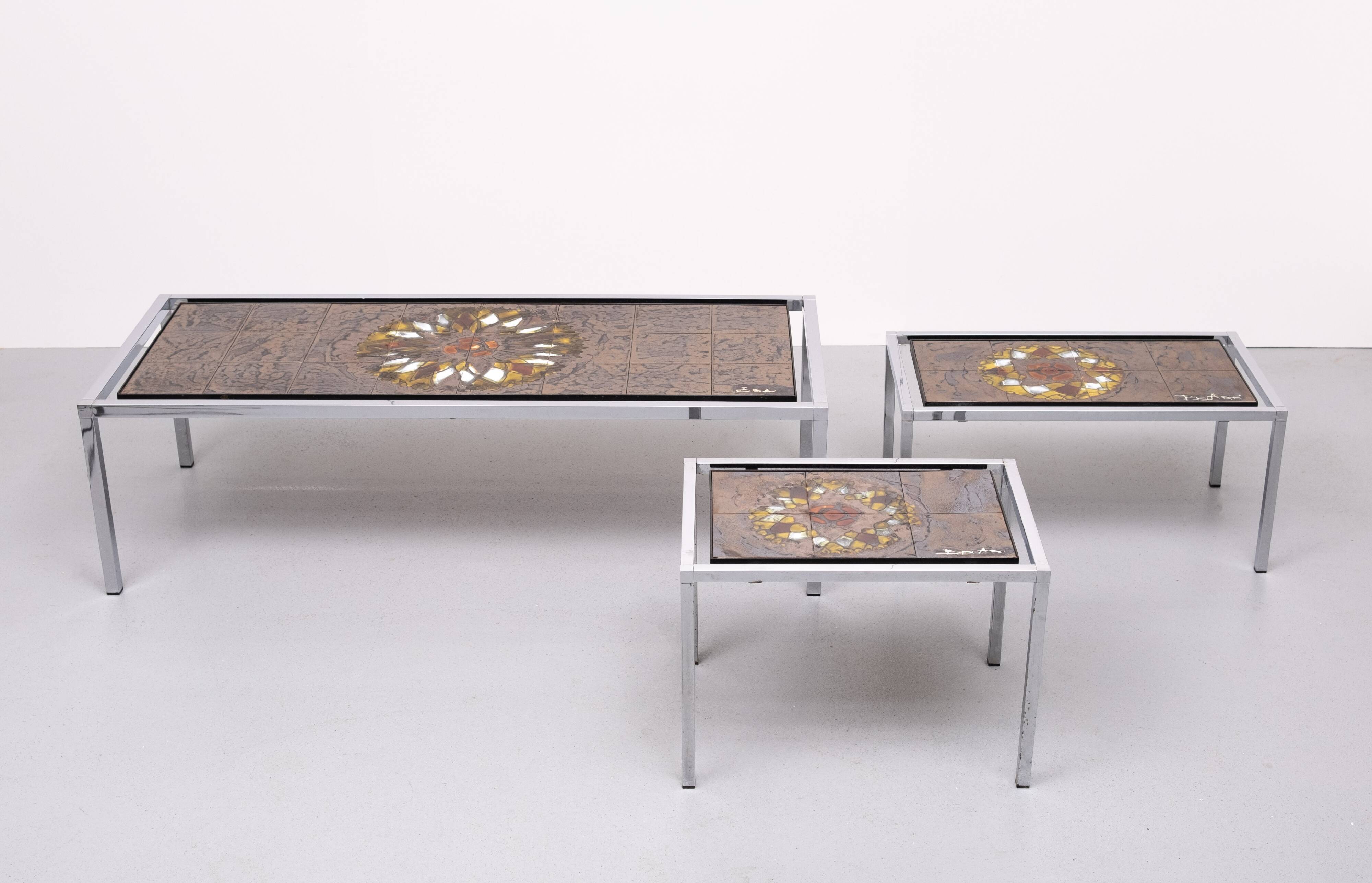 Belarti Ceramic tile Table set of 3 Belgian 1970s