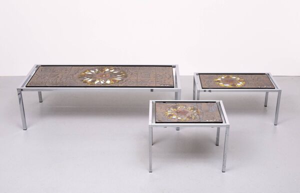 Juliette Belarti Ensemble de 3 tables en carreaux de céramique belges années 1970