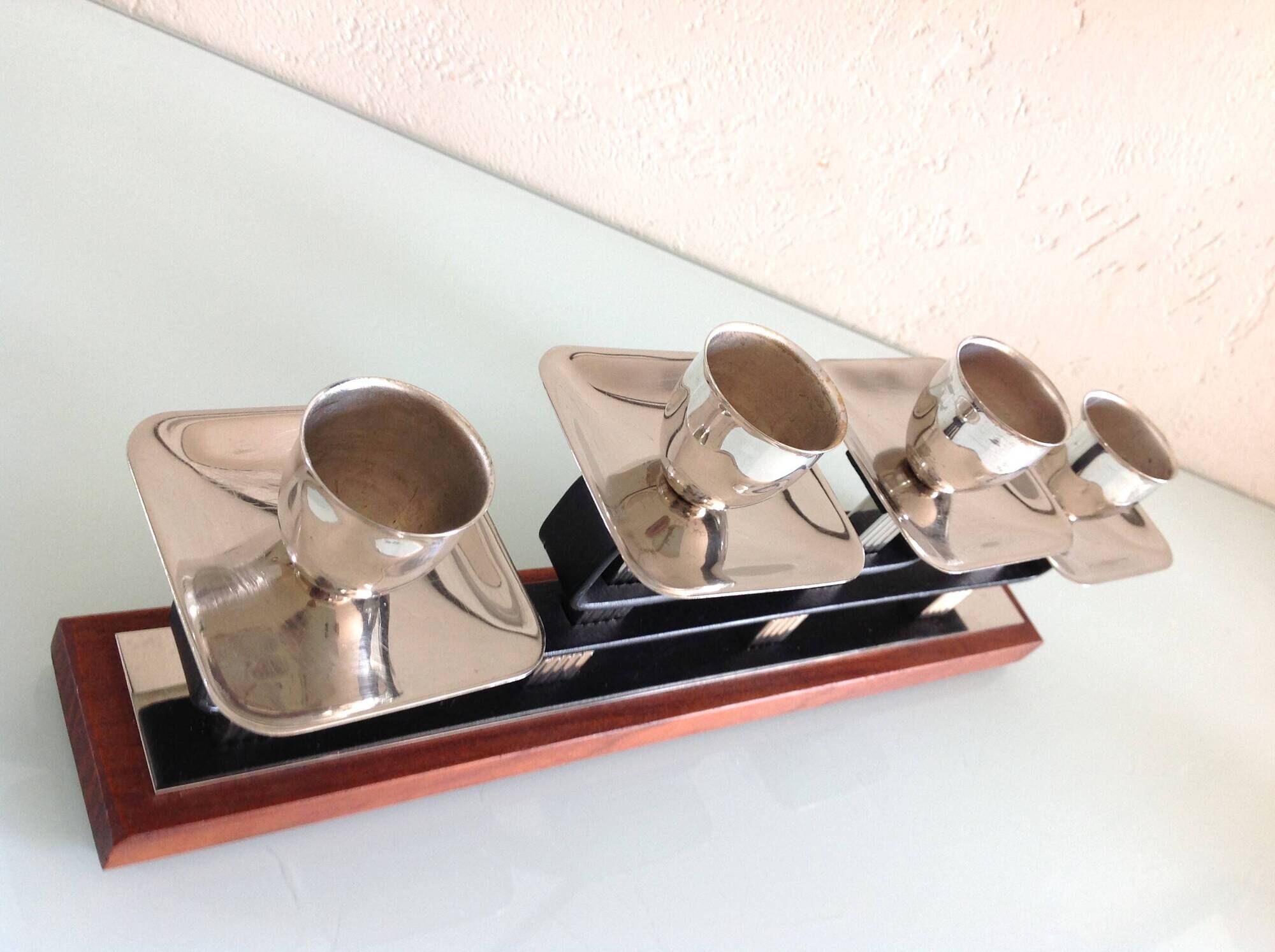 Four-headed candlestick in teak and chrome metal Scandinavian style / vintage 60s-70s
