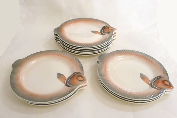 Set de 12 assiettes Poissons Digoin Sarreguemines