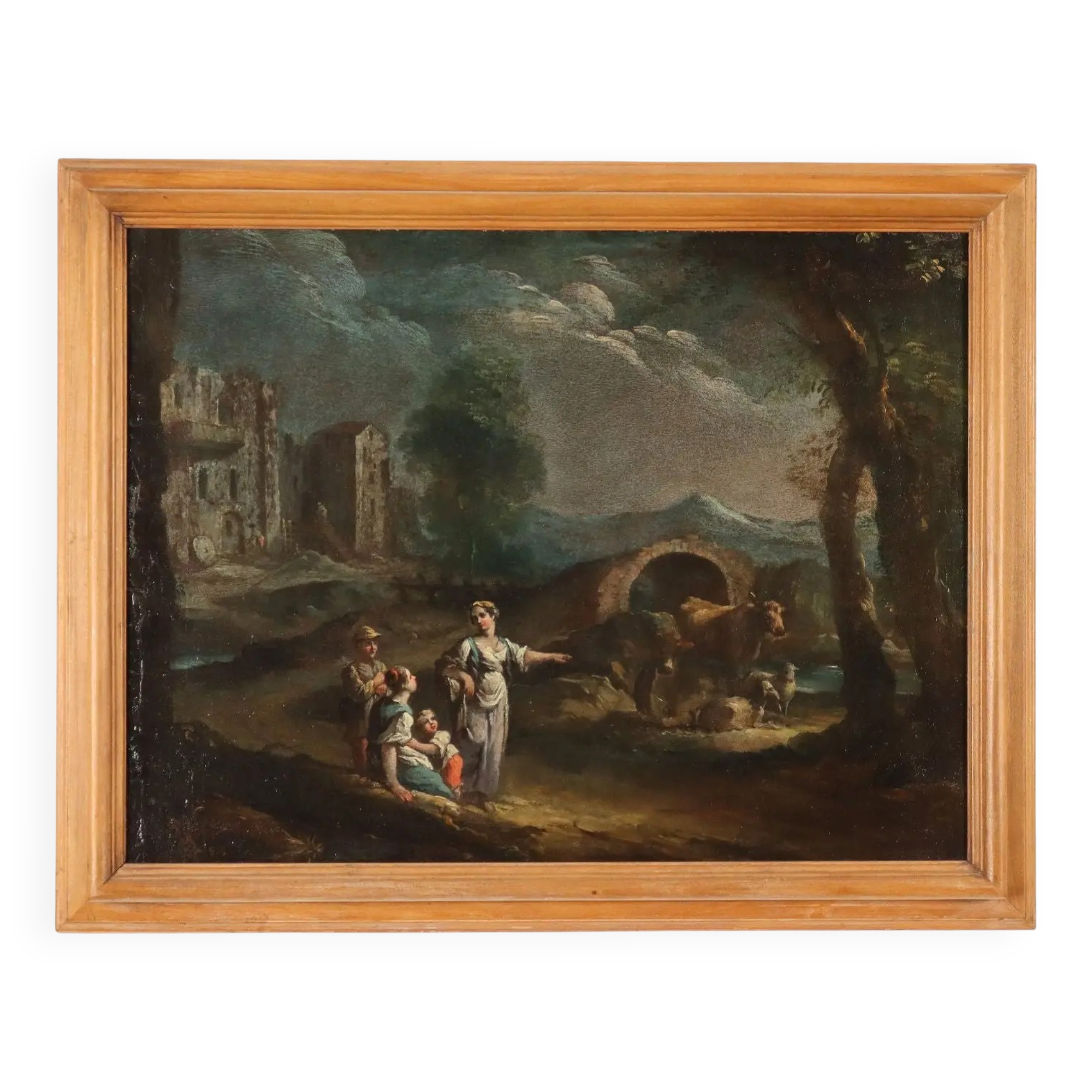 Peinture ancienne paysage avec figures, huile sur toile, XVIIIe siècle