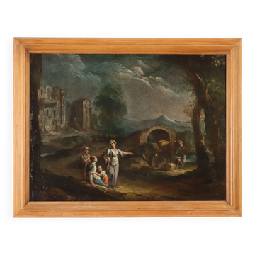 Old painting landscape with figures, oil on canvas, 18th century