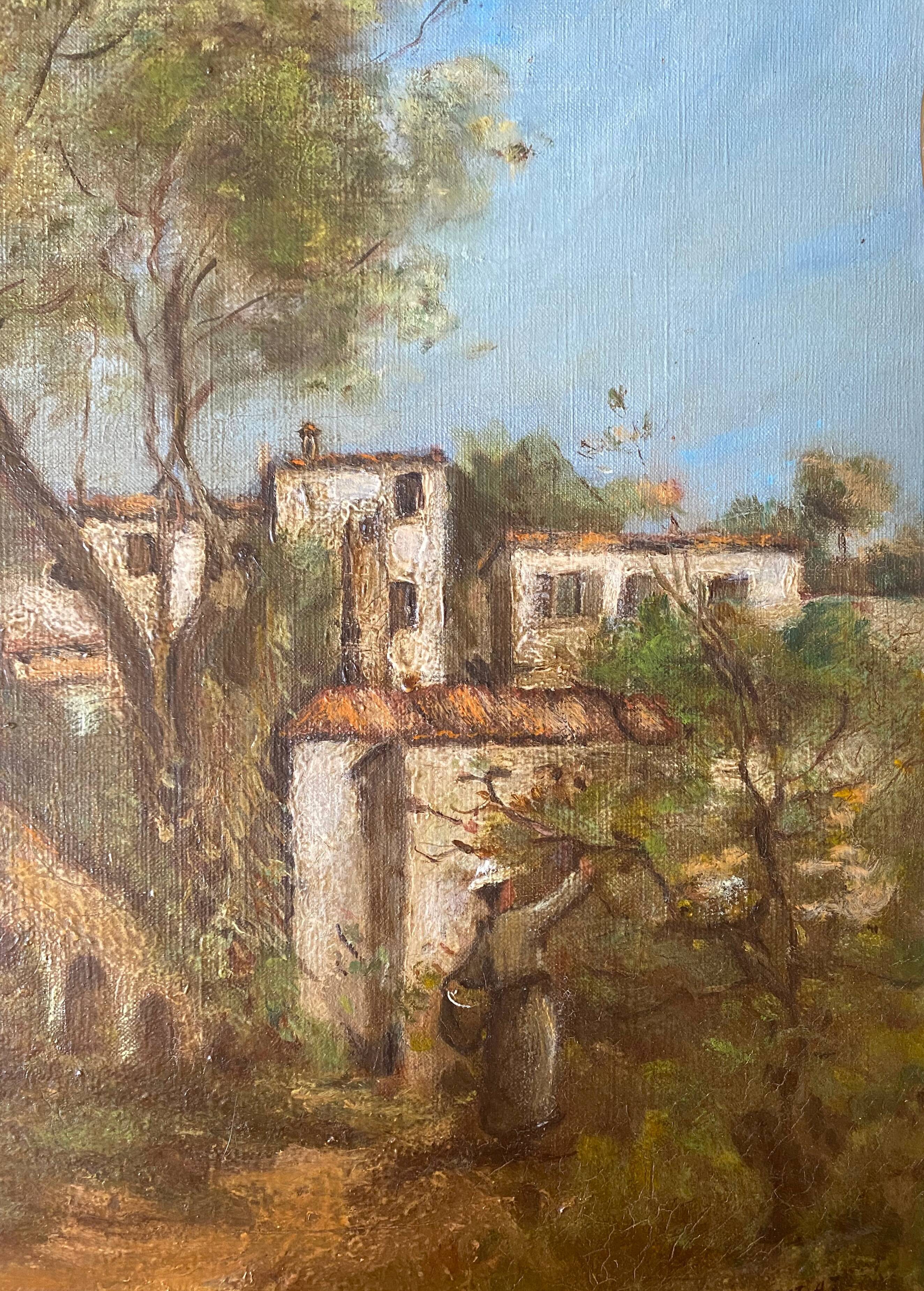 Painting Provencal school "Animated landscape" signed Jane Colat XIX ° century + frame