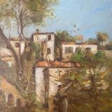 Painting Provencal school "Animated landscape" signed Jane Colat XIX ° century + frame