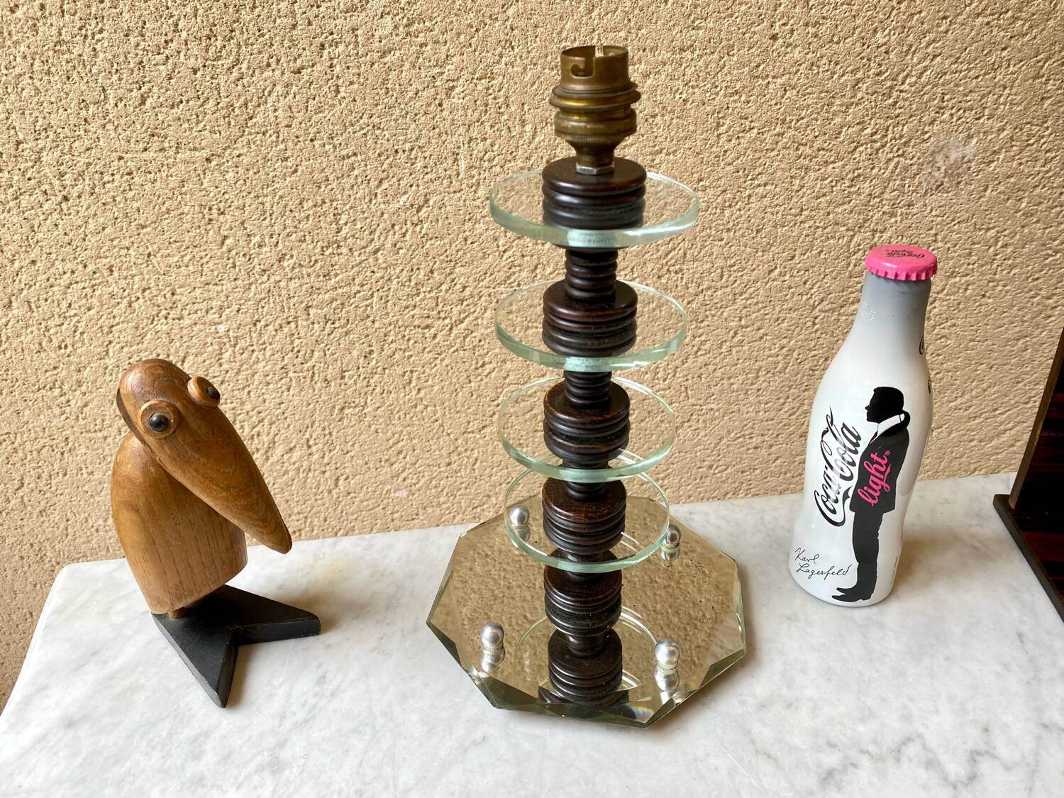 Art deco mirror glass & wood lamp base modernist design