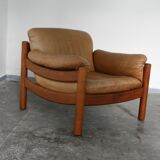 Teak and leather club armchairs