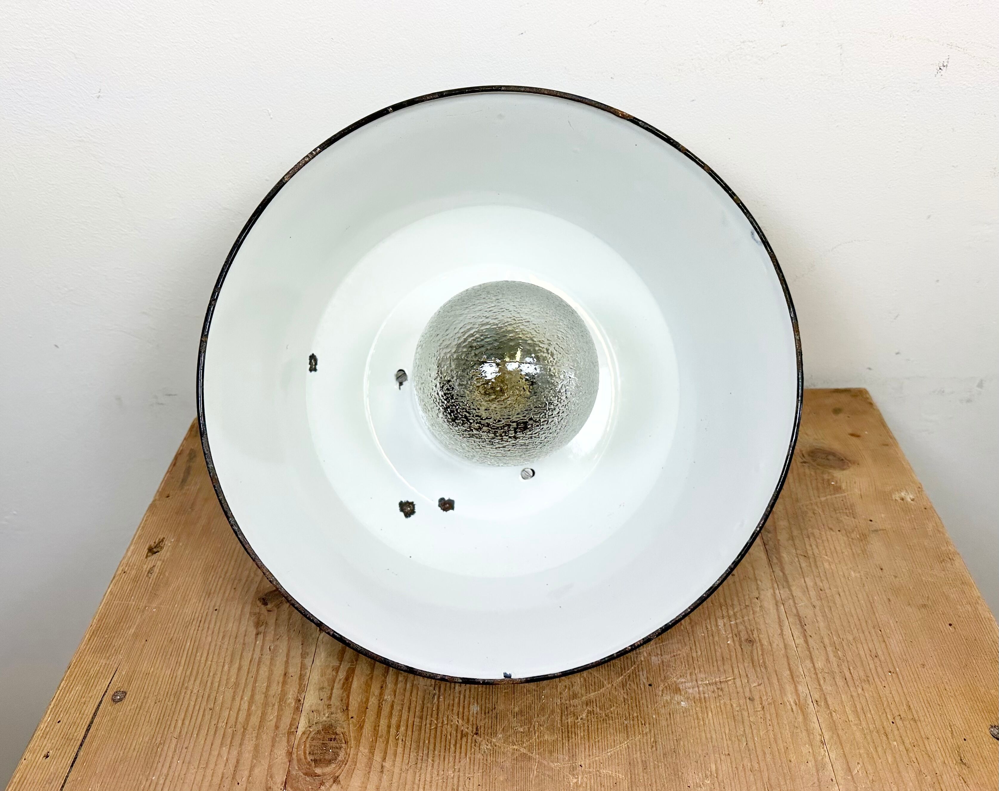 Industrial Blue Enamel and Cast Iron Pendant Light with Glass Cover, 1960s