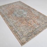 Tapis Persan Ancien – Fait Main Vintage à Médaillon, Tons Bleu et Brique