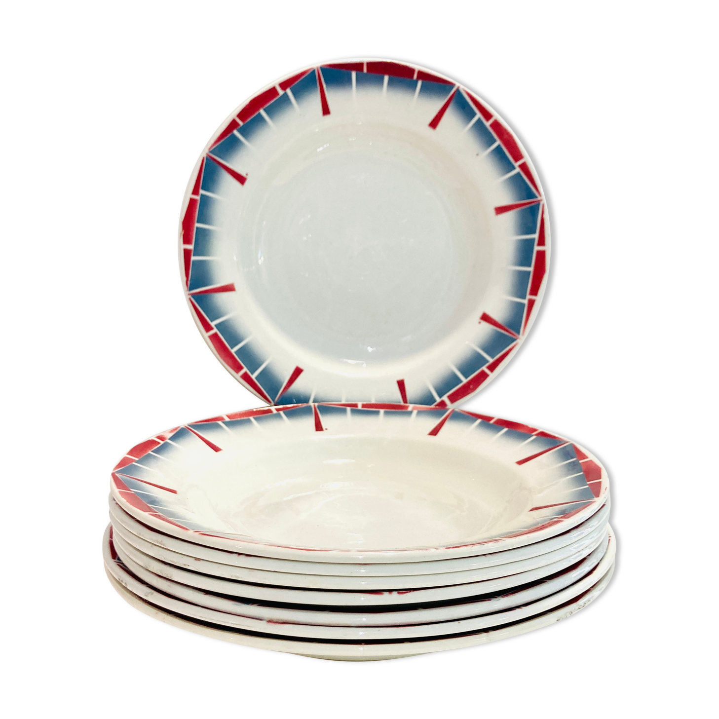 8 hollow plates ceranord st amand boulingrin pink and blue -vintage-kitchen-retro