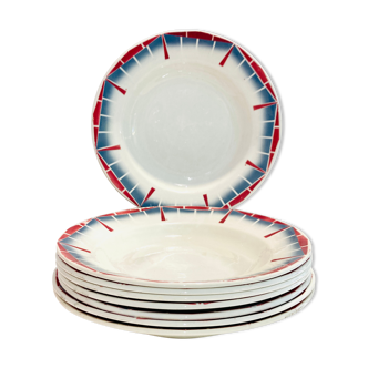 8 hollow plates ceranord st amand boulingrin pink and blue -vintage-kitchen-retro