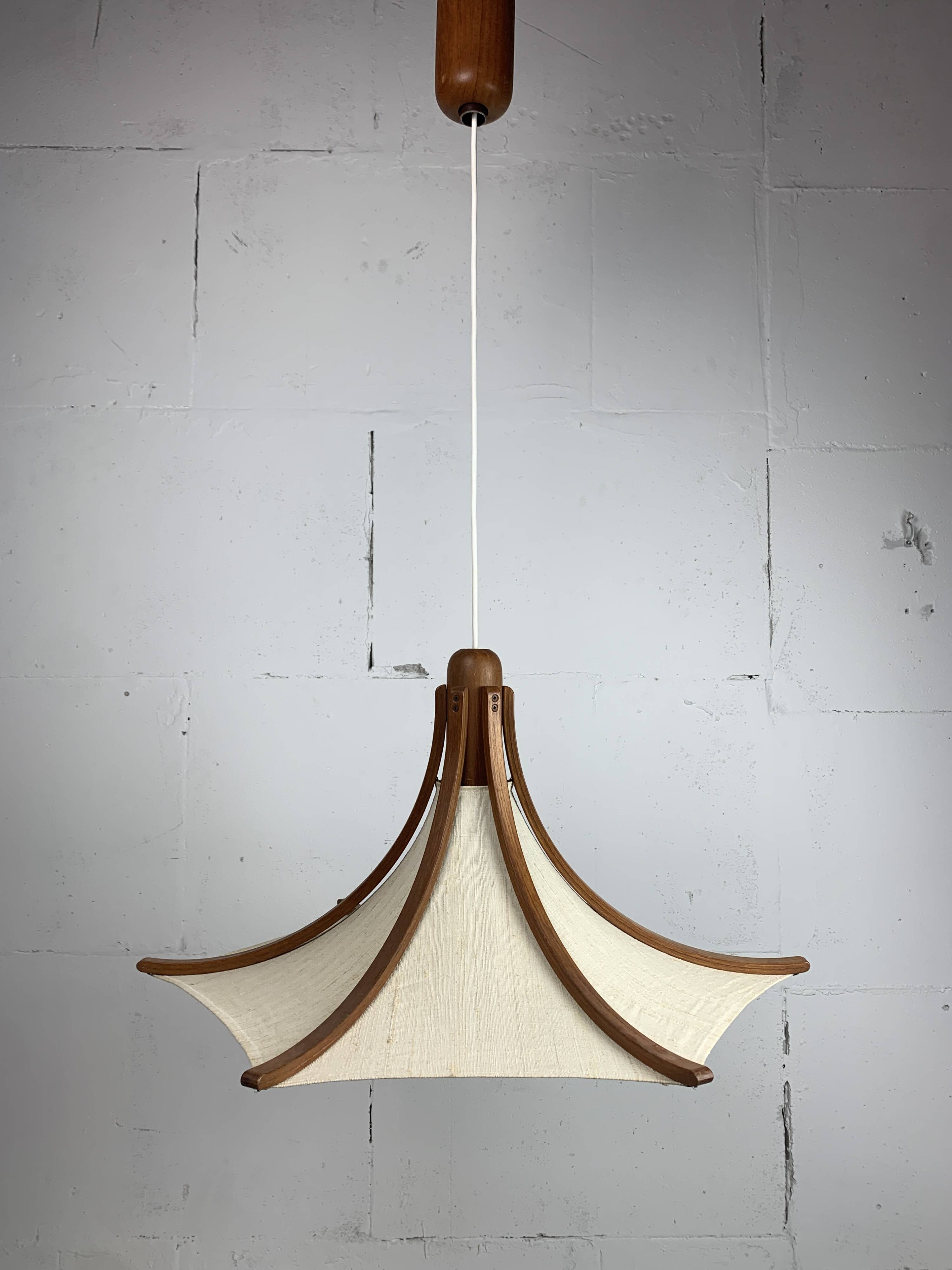 Teak and linen umbrella pendant hanging lamp by Domus, 1970s