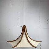 Teak and linen umbrella pendant hanging lamp by Domus, 1970s