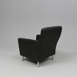 Modern Lounge Armchair with Matching Footstool — Black Leather
