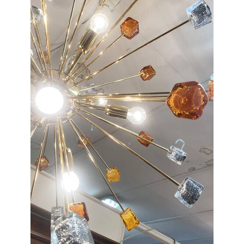 Contemporary Amber and Black Cubes Murano Glass Gold Sputnik Chandelier