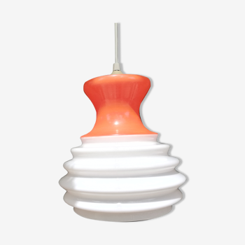 Suspension "lampion" en opaline blanche & orange