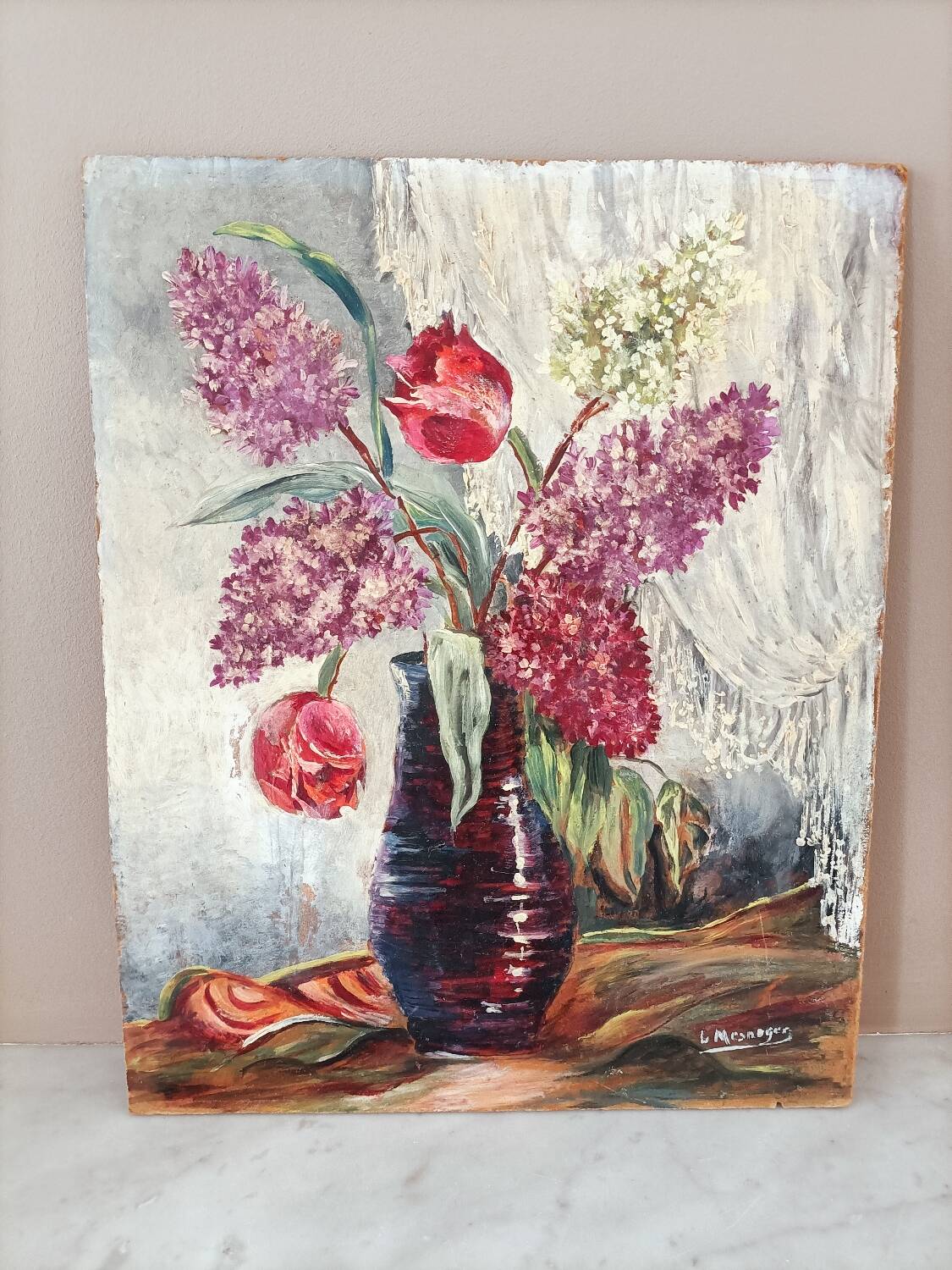 Vintage painting of a bouquet of lilac flowers