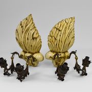Pair of Hollywood Regency sconces in carved, painted and patinated wood, 1950s
