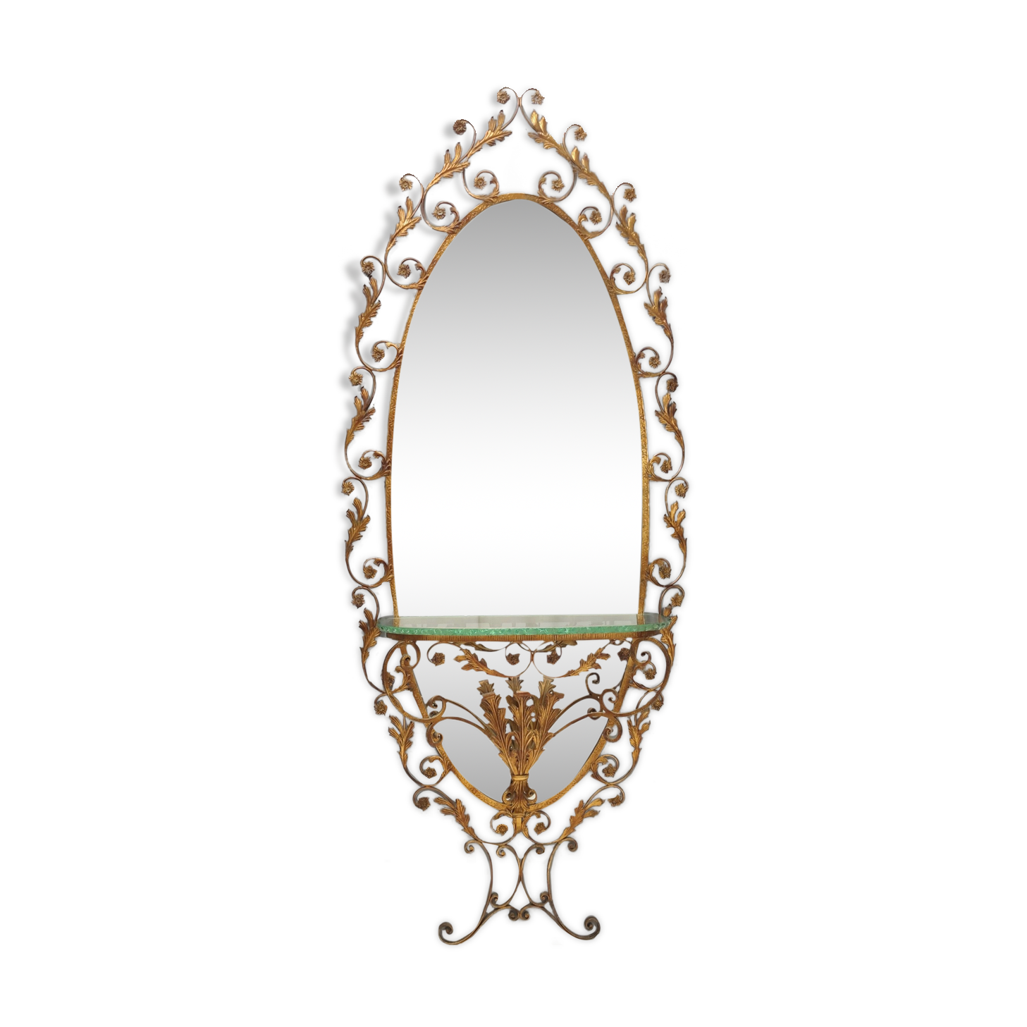 Entryway Mirror and Brass Console Table by Pierluigi Colli with Glass Top