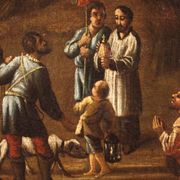 Painting oil on canvas landscape with wayfarers from the 18th century
