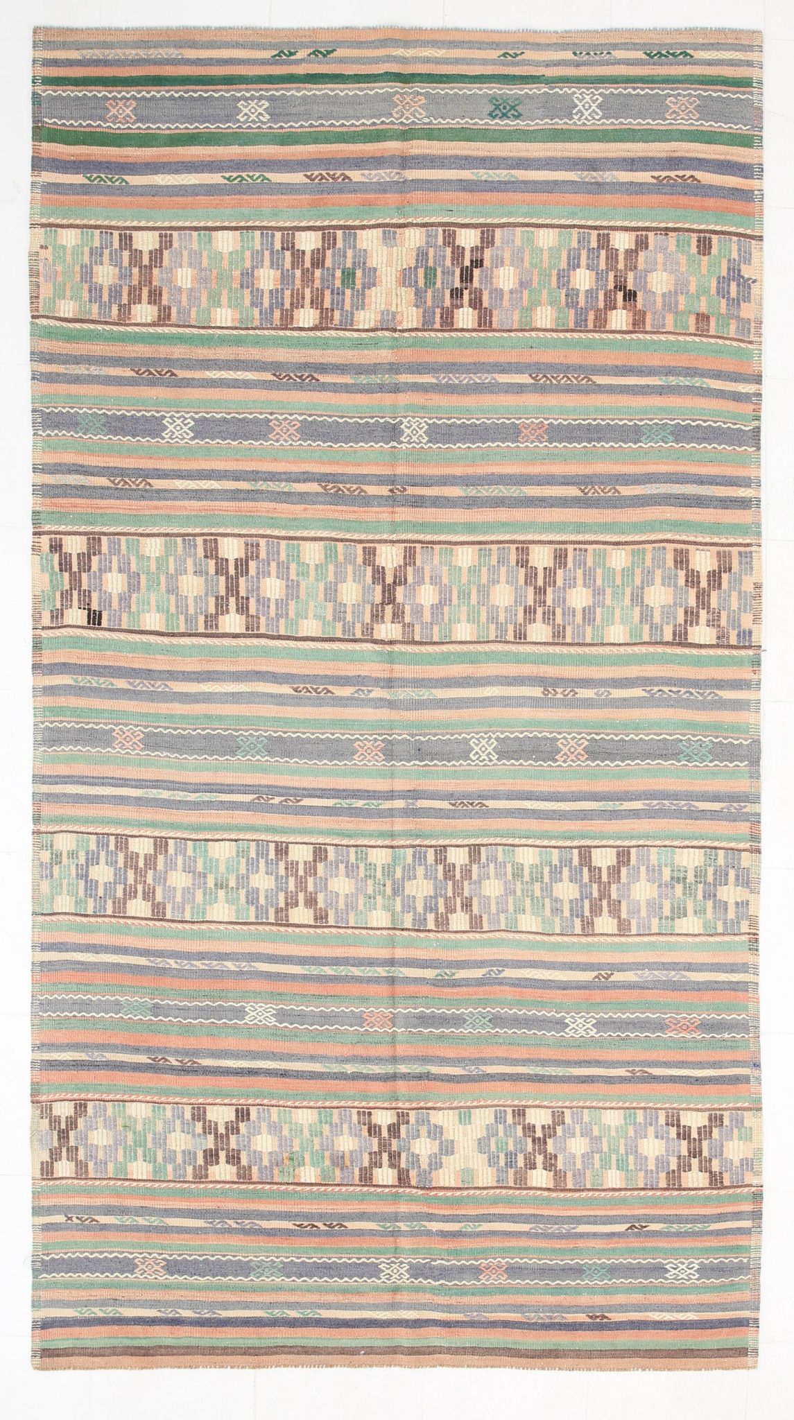 Kilim Vintage Anatolien, Rayures Tribales et Motifs Géométriques Pastel