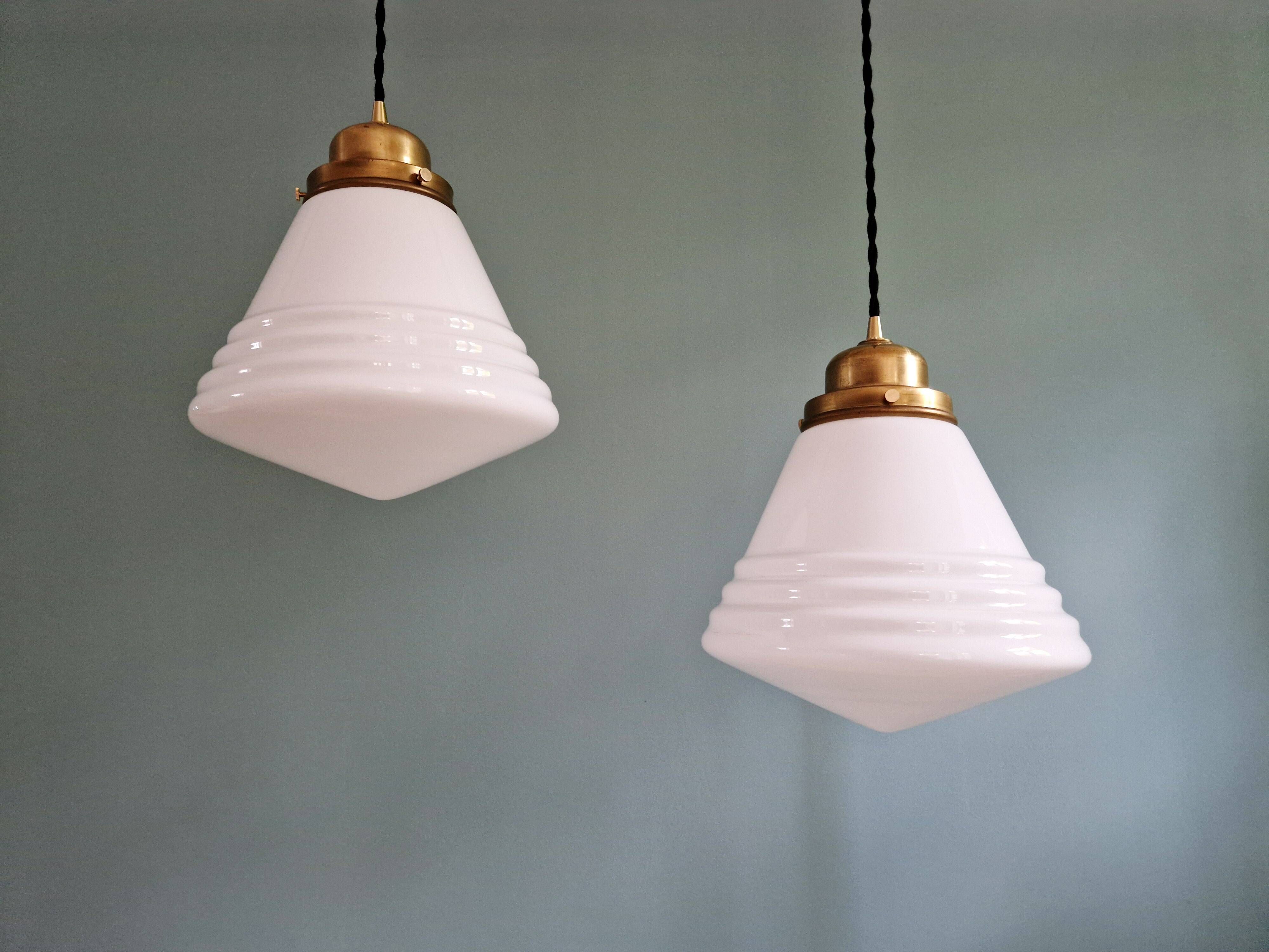 Art Deco Philips suspension in white opaline, 1930 (2 available)
