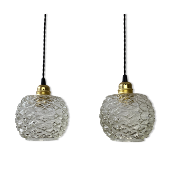 Pair of old vintage molded glass pendant lamps