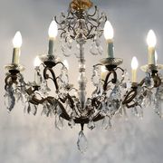 Old chandelier, suspension, old luminaire with 10 branches, brass and glass. 50s