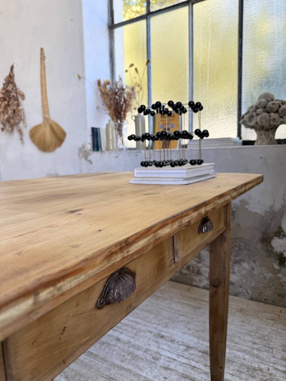 1950s pine and oak farmhouse table with multiple drawers