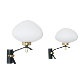 Pair of opaline and brass wall lights, Maison Arlus 1950s