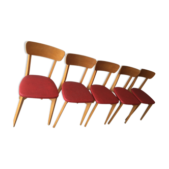 Set of 5 vintage wood and leatherette chairs