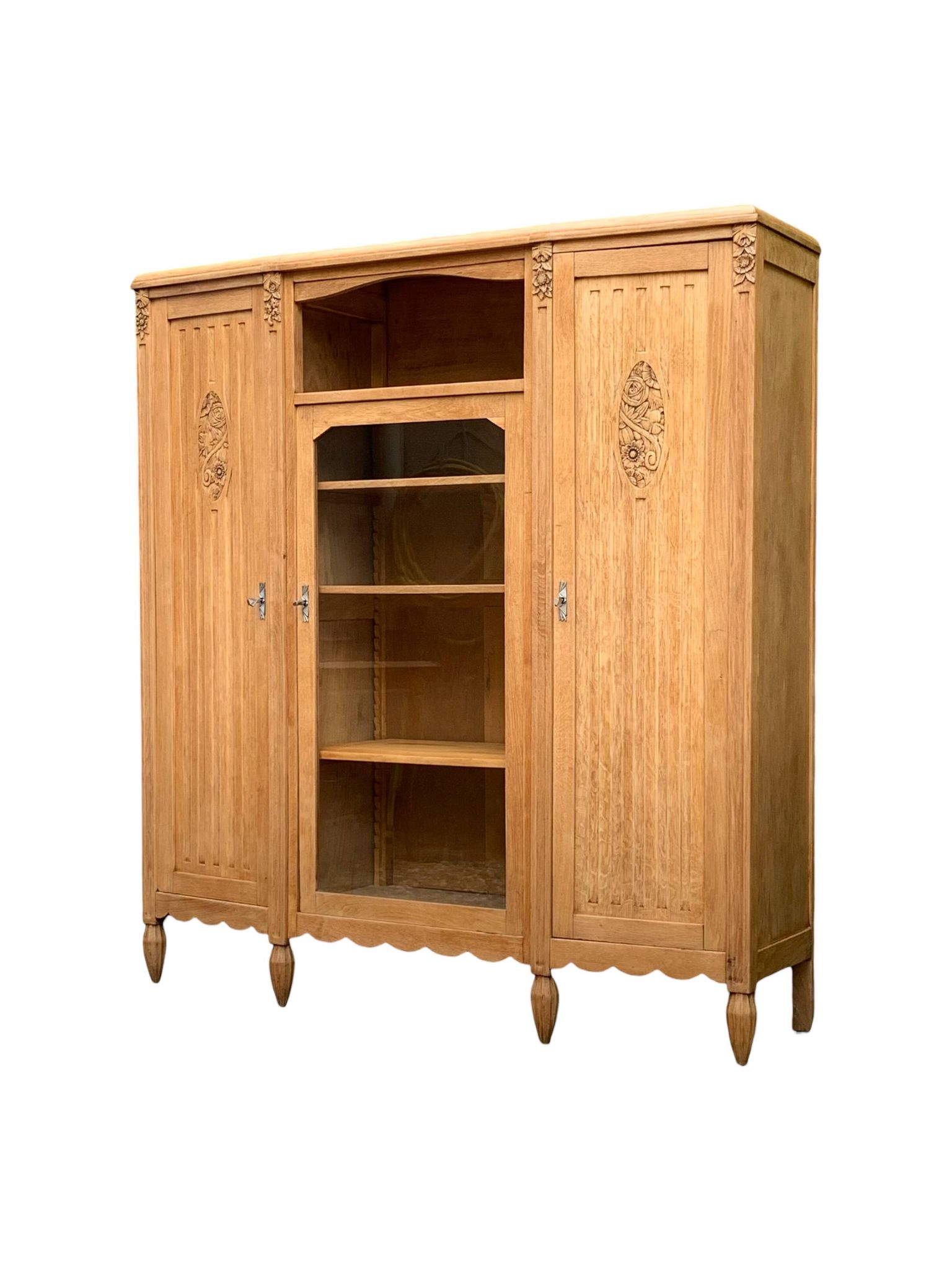 Asymmetrical Art Deco glass-fronted Parisian wardrobe in raw oak, 1930.