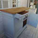 Vintage sideboard enhanced in cloud gray, pitch pine top.