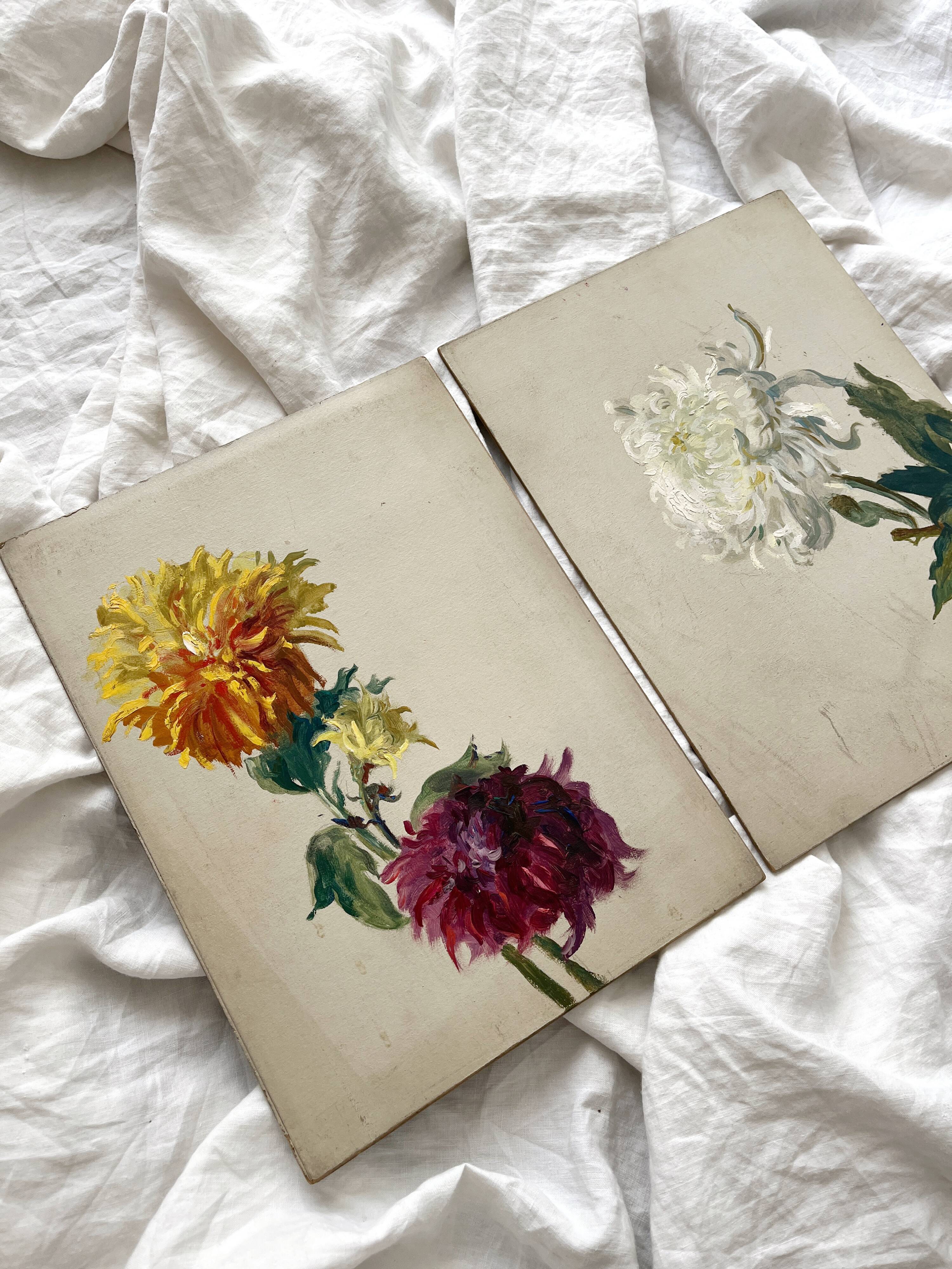 2 paintings on old cardboard dahlia flowers
