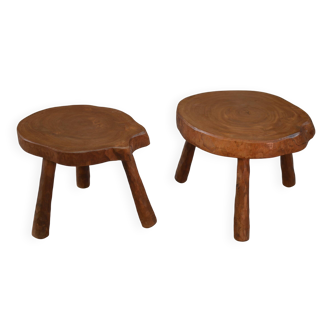 Pair of brutalist stools in solid elm, 1950s