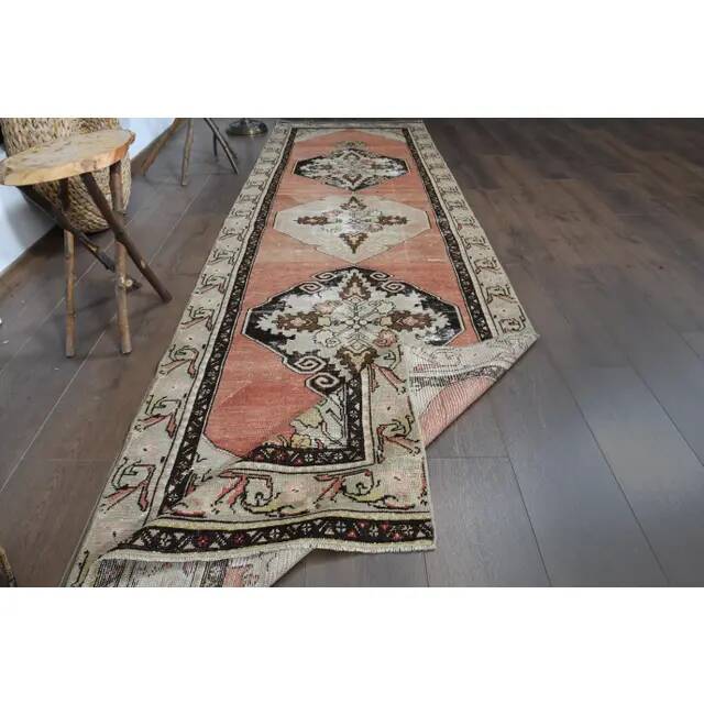 Orange Handmade Wool Turkish Vintage Oushak Runner Rug 94x324