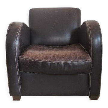 Fauteuil club vintage en cuir marron foncé – Style années 1980-1990