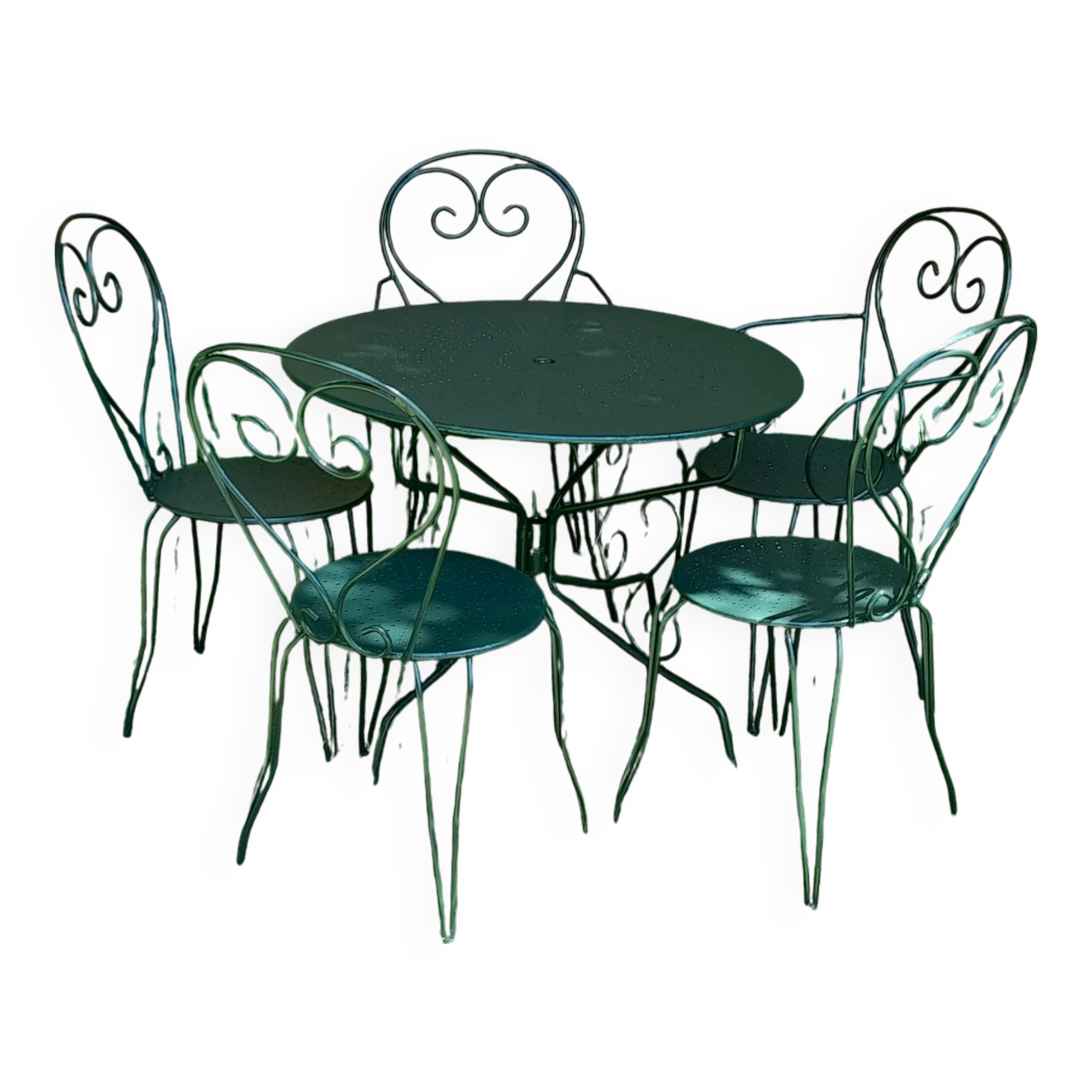 Salon de jardin fer forgé 1 table 2 fauteuils 3 chaises vert wagon