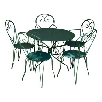 Salon de jardin fer forgé 1 table 2 fauteuils 3 chaises vert wagon