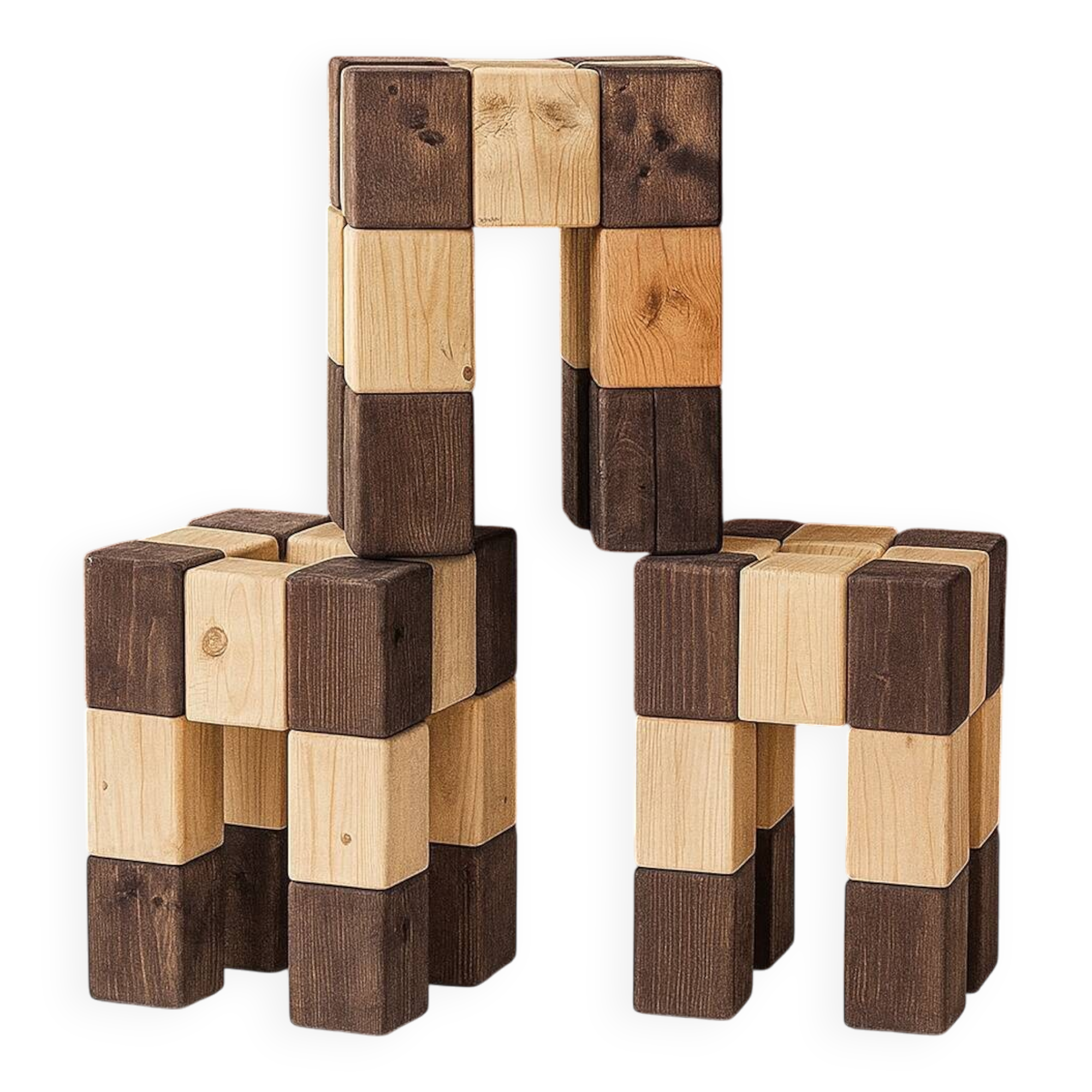 Set of 3 stools with a checkerboard pattern in solid wood.
