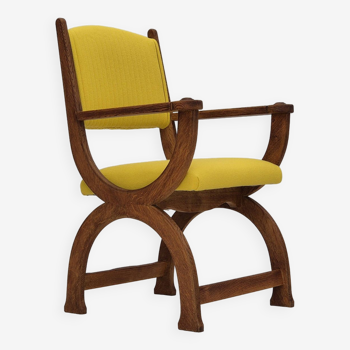 Années 1950, fauteuil danois retapissé, meuble Gabriel en laine, bois de chêne.