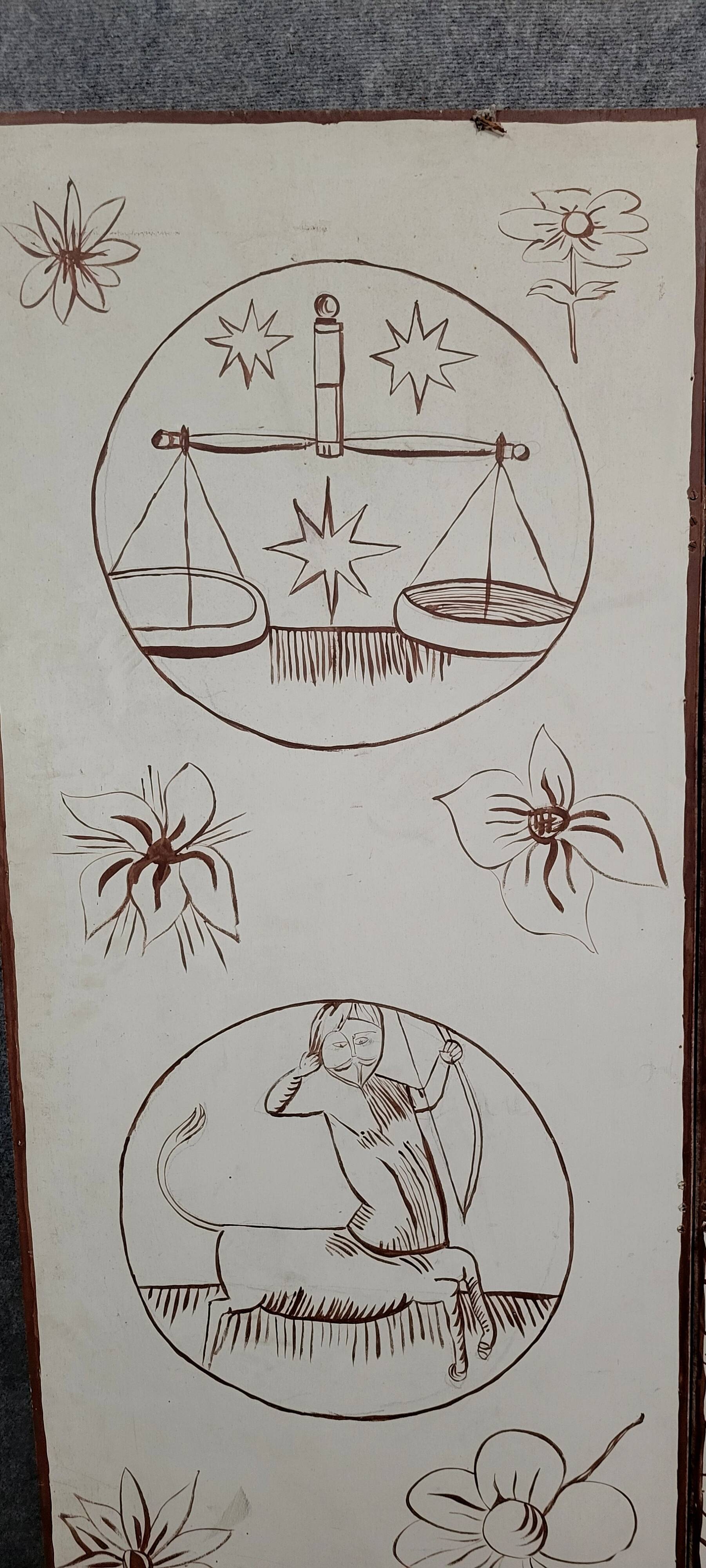 Two-leaf screen depicting a historical figure and symbols