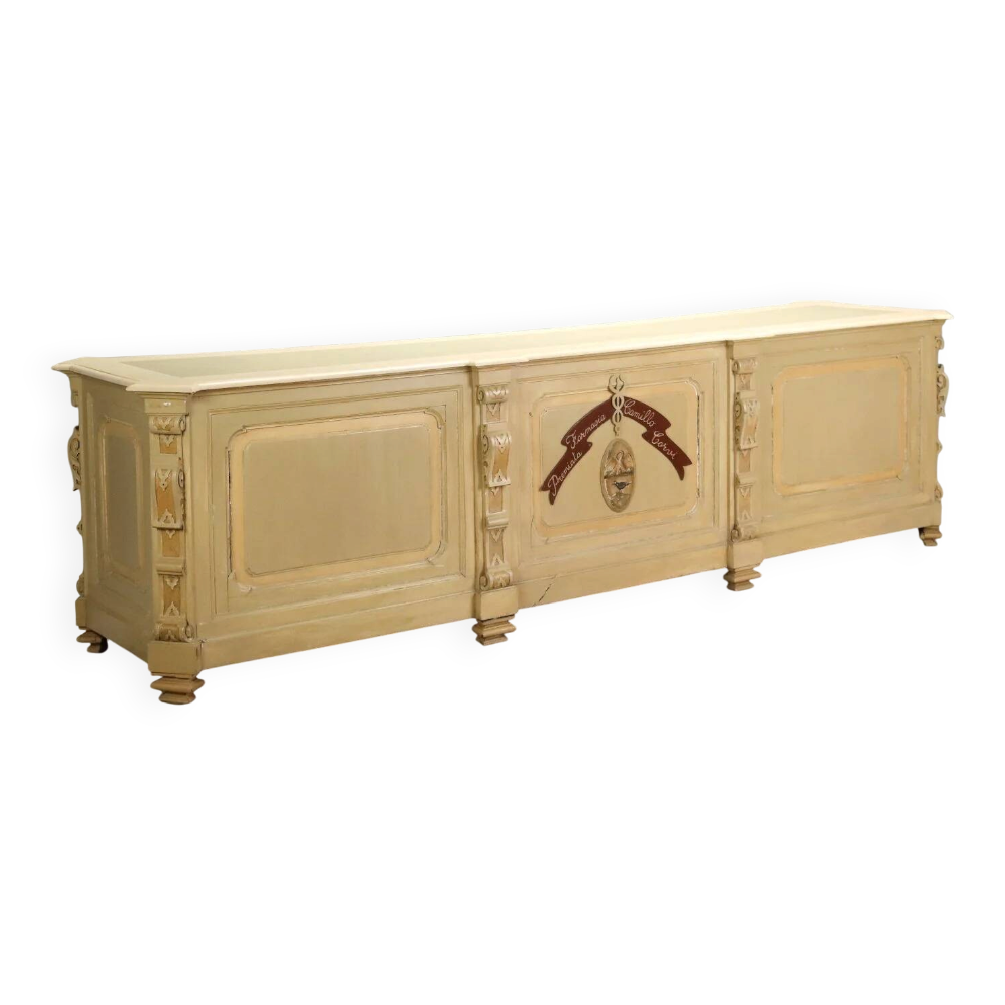 Antique pharmacy counter in lacquered walnut, Italy, late 19th century.