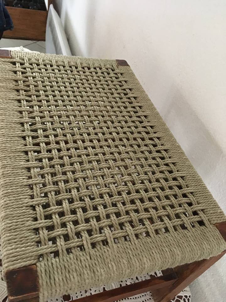 Stool or bench in wood and rope braided Bohemian style