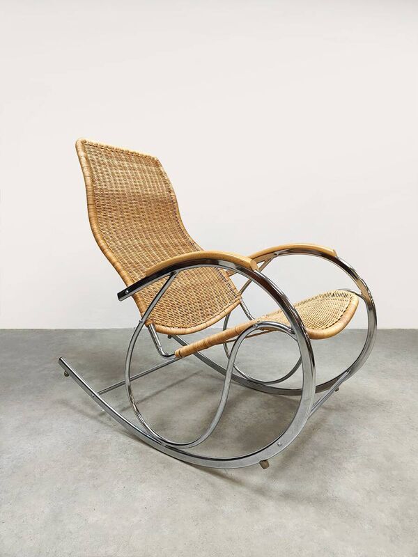 Rocking-chair en chrome et osier, années 1970